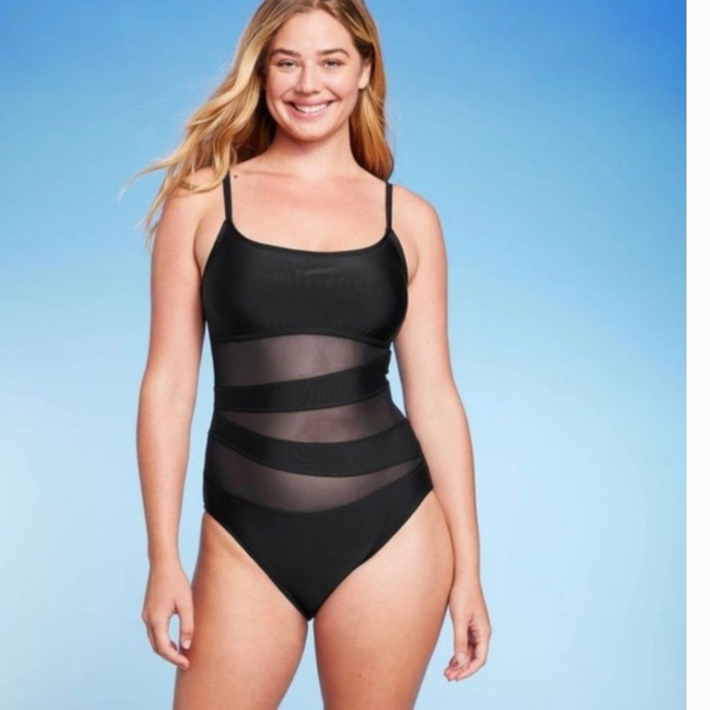 Shade & Shore Black Mesh Panel One-Piece Swimsuit XL